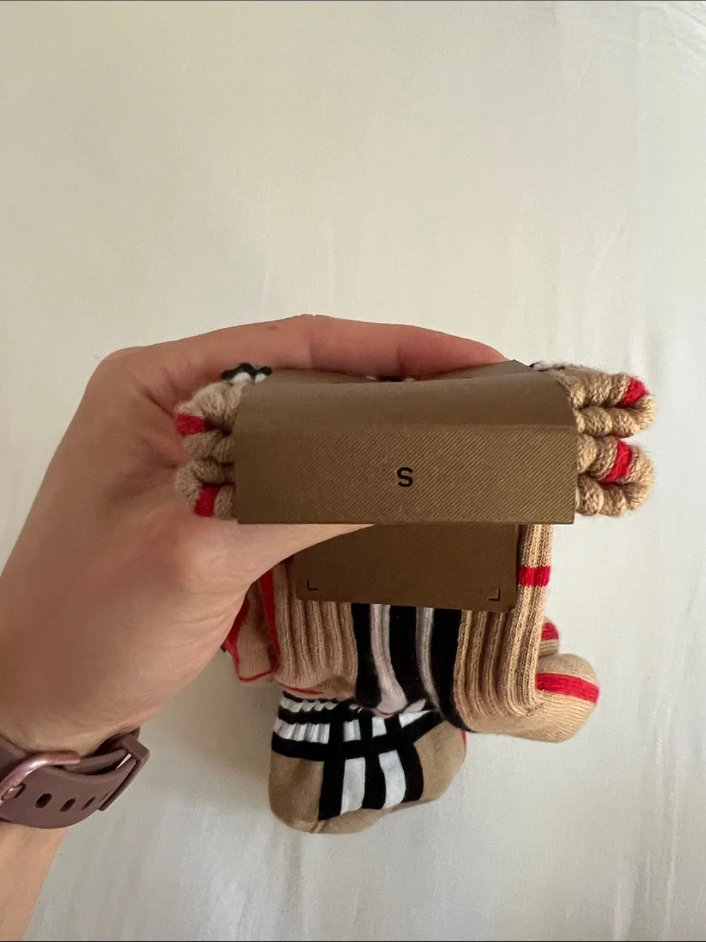 Burberry Tan Crew Socks with Black, White and Red Stripes